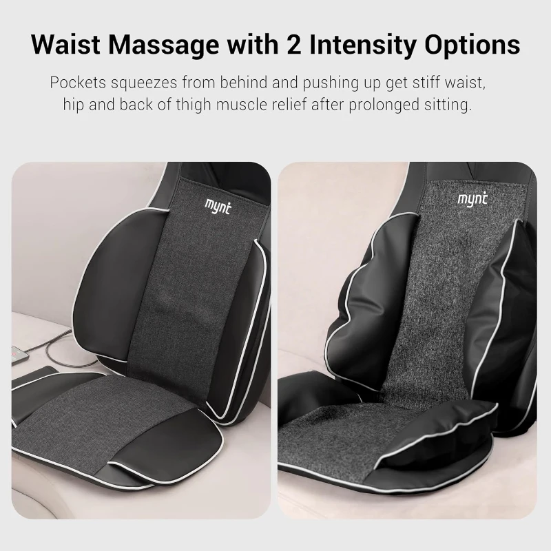 Mynt 2D & 3D Shiatsu Neck and Back Massager Chair Pad with 10 Deep Kneading Nodes, Heat, Portable Spot Massage, Black