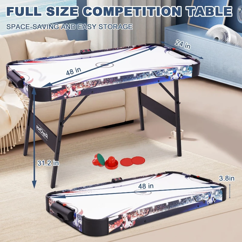 Portable Folding Air Hockey Table with Reliable 12V Motor and Digital LED Scorer — Includes 2 Pucks & 2 Strikers, Great for Families
