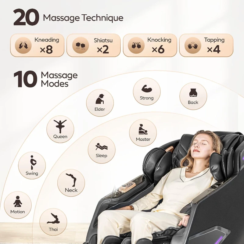 4D Full-Body Massage Chair Recliner with Zero Gravity, SL-Track Shiatsu, Core Heating, 20 Techniques, Deep Yoga Stretch, Foot Rollers, AI Voice, Touchscreen & Wireless Charging