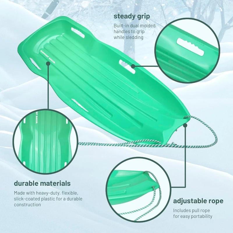 Slippery Racer Downhill Xtreme Flexible Snow Toboggan — Plastic Sled for Kids & Adults, Seats 1–2, with Pull Cord and Dual Handles