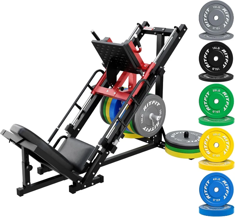 RitFit Multi-Angle Leg Press & Hack Squat with Weight Plate Set, Linear Bearing System and Plate Storage Posts for Complete Lower-Body Training