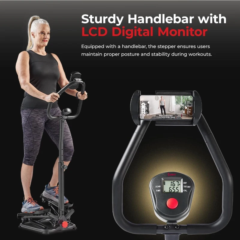 Sunny Health & Fitness Twist Stepper with Handlebar — Compact Low-Impact Cardio Stepper with Bluetooth App Connectivity