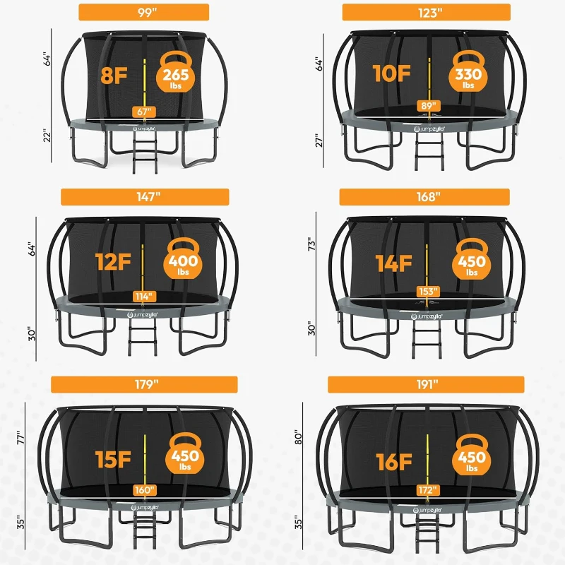 JUMPZYLLA Outdoor Trampoline with Enclosure & Ladder — 8/10/12/14/15/16 FT, ASTM-Certified, Rust-Resistant Coated Frame for Kids & Adults