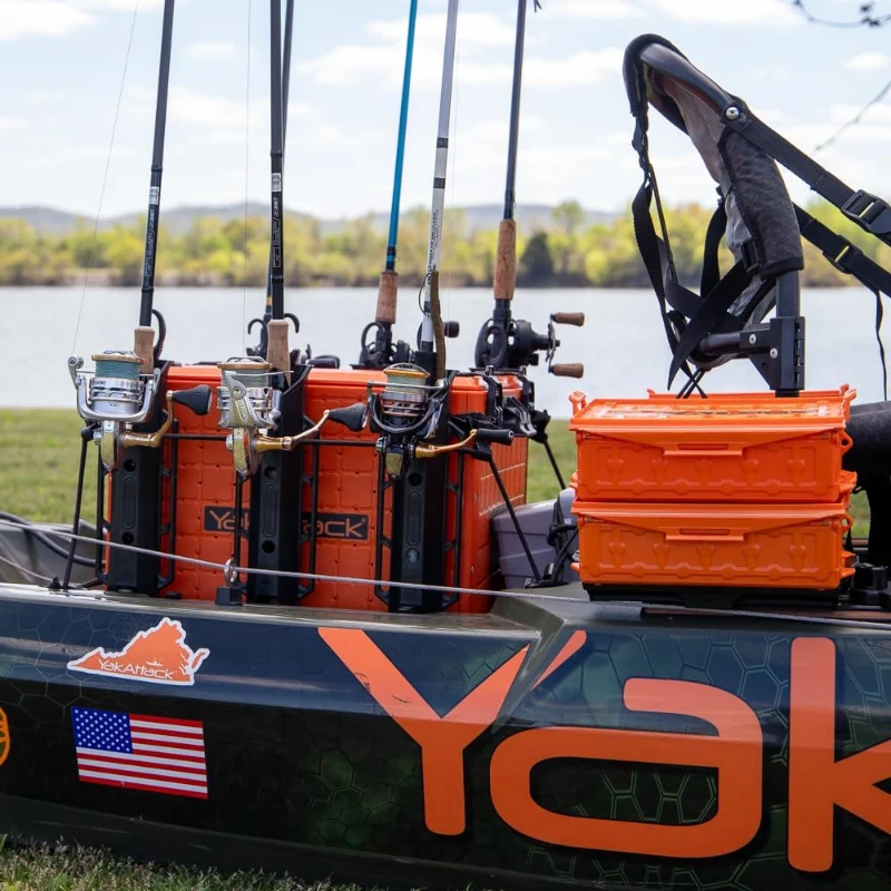 YakAttack BlackPak Pro 16"" x 16"" Orange Kayak Fishing Crate with 6 Rod Holders – Lightweight, Rugged Tackle Box & Organizer