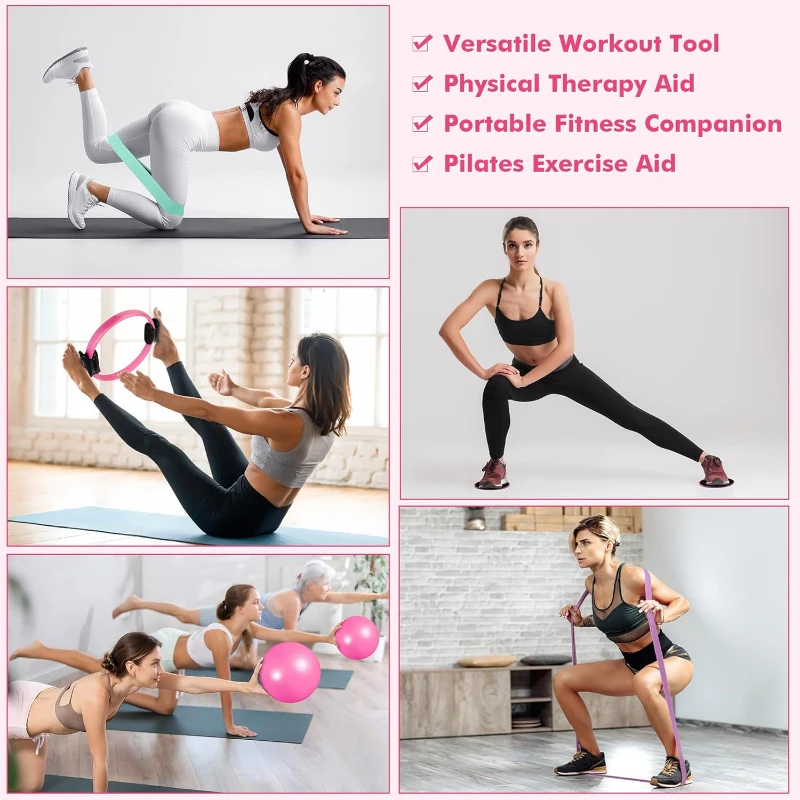 Pilates Home Gym Set — 14"" High-Resilience Ring, Multi-Level Fabric Bands, Mini Ball and Gliders with Training Poster