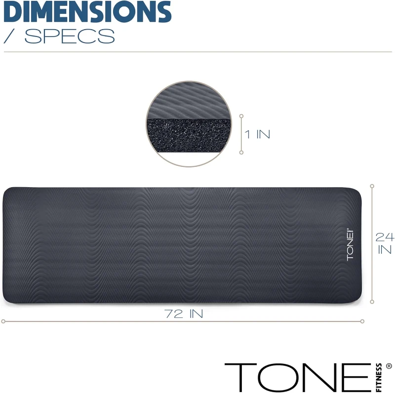 Tone Fitness 1-Inch Thick Yoga Mat | High-Density Non-Slip Exercise Mat with Carry Strap (24"" x 72"")