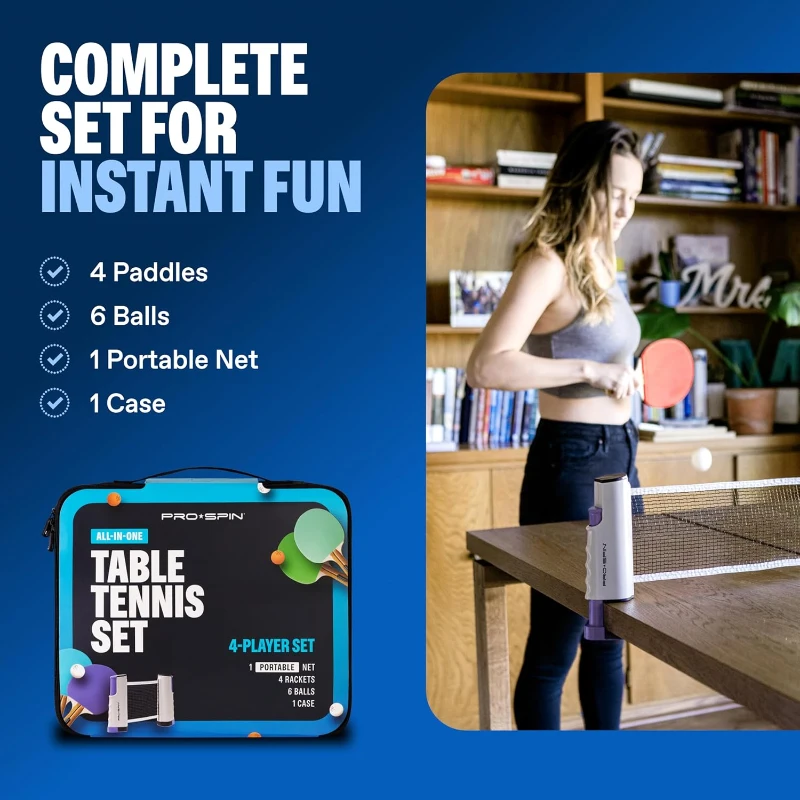 PRO-SPIN All-in-One Portable Ping Pong Set - Retractable 72"" Net for Any Table, 4 Paddles, 6 Balls and Carry Case - Family-Friendly Table Tennis Gift