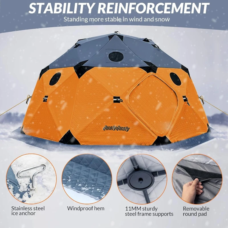 QualyQualy Pop-Up Insulated Ice Fishing Tent with Floor, 8–10 Person, 147 sq ft, Stove Jack