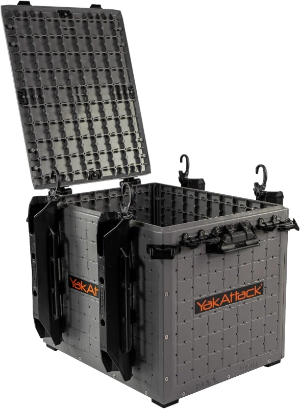 YakAttack BlackPak Pro 13in x 16in Kayak Fishing Crate – Battleship Grey, 4 TetherTube Rod Holders | Lightweight Durable Customizable