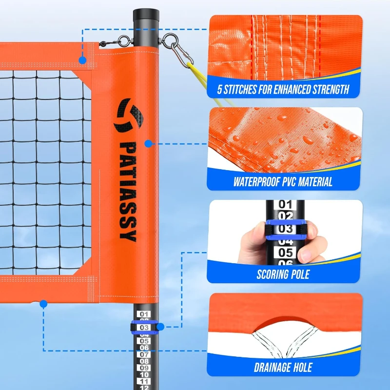 Patiassy Backyard Volleyball System – Professional Portable Outdoor Set with Adjustable Aluminum Poles, Precision Winch, Steel Stakes, Anti-Sag Net, Pump and Heavy-Duty 1680D Bag