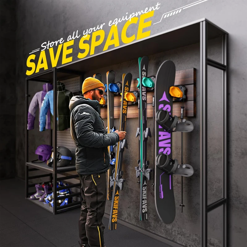Skifavs Ski & Snowboard Wall Rack - Fits Any Ski/Board, Damage-Free Storage, Yellow (6-Pack)