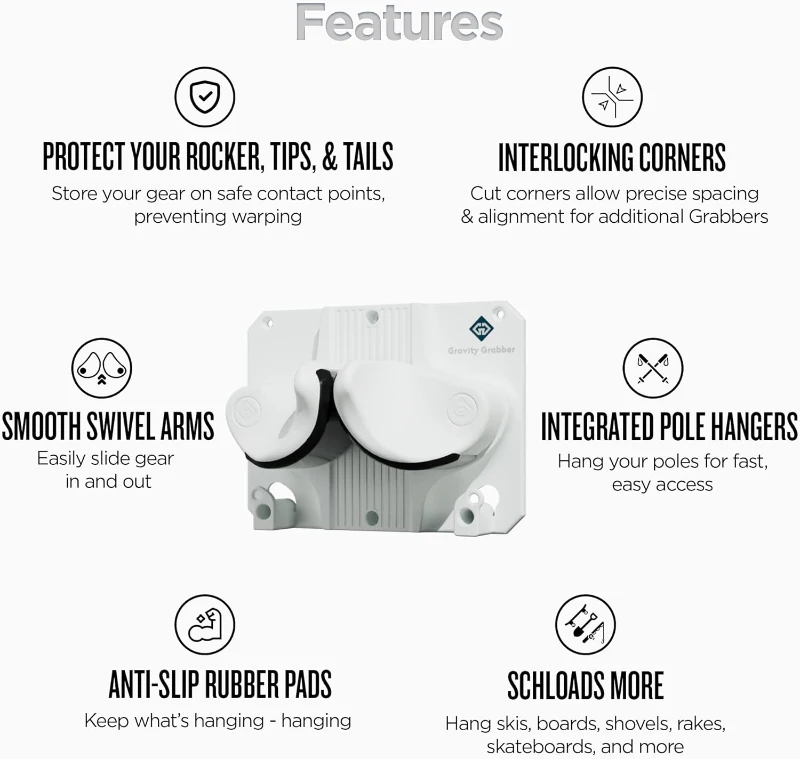 Gravity Grabber - Premium Ski & Snowboard Wall Rack, Universal Gravity-Lock Storage for Skis/Boards, Non-Slip Garage Organizer – 6 Pack