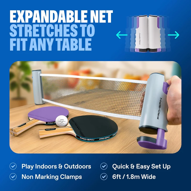PRO-SPIN All-in-One Portable Ping Pong Set - Retractable 72"" Net for Any Table, 4 Paddles, 6 Balls and Carry Case - Family-Friendly Table Tennis Gift