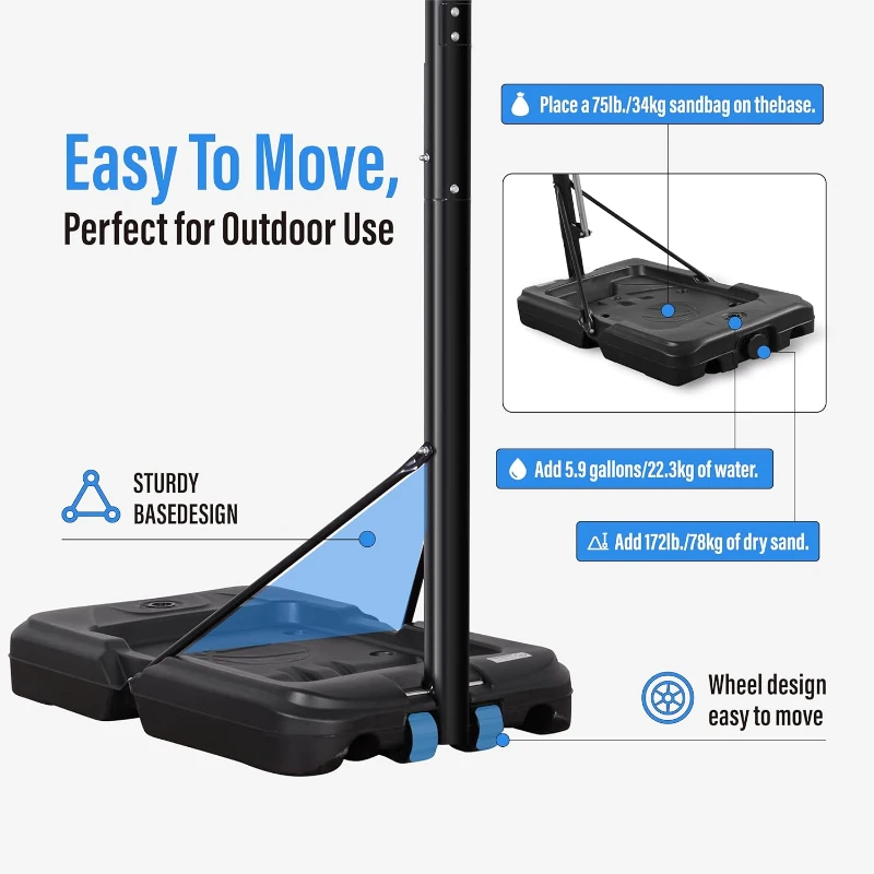 AWII SPORT Portable Basketball Hoop – 44/48"" Impact Backboard with Wheels, 4.8–10 ft Quick-Adjust Height System for Adults & Kids