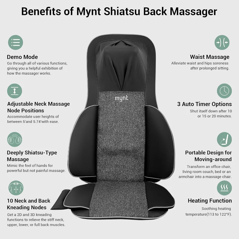 Mynt 2D & 3D Shiatsu Neck and Back Massager Chair Pad with 10 Deep Kneading Nodes, Heat, Portable Spot Massage, Black