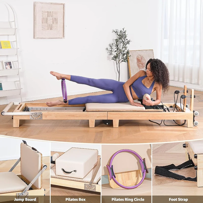 Oak Wood Pilates Reformer Machine – Studio-Grade, Quick Assembly, Foldable Home & Gym Equipment with Accessories