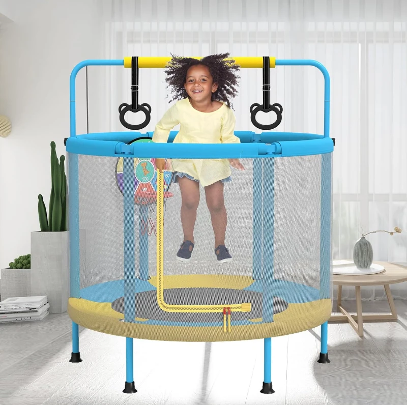 LANGXUN 60-inch Kids Trampoline (5 ft) 6-in-1 Indoor/Outdoor with Swing, Basketball Hoop, Dartboard & Rings — Birthday/Christmas Gift for Boys & Girls