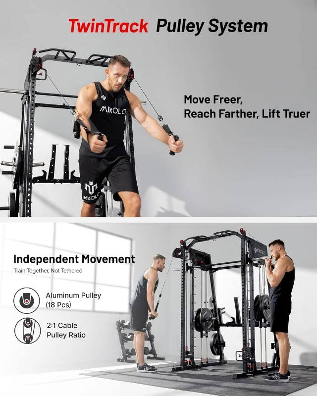 Mikolo M4 2.0 Ultra Smith Machine & 2200 lb Power Rack with Dual Cable Crossover and Leg Hold-Down Attachment