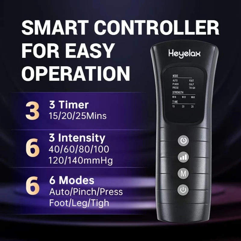 Heyelax Medical-Grade Air Compression Leg Massager for Circulation & Pain Relief, Full-Thigh to Foot Recovery Boots with Smart Sensors, 6 Modes, Memory & Fast Pump (Large)