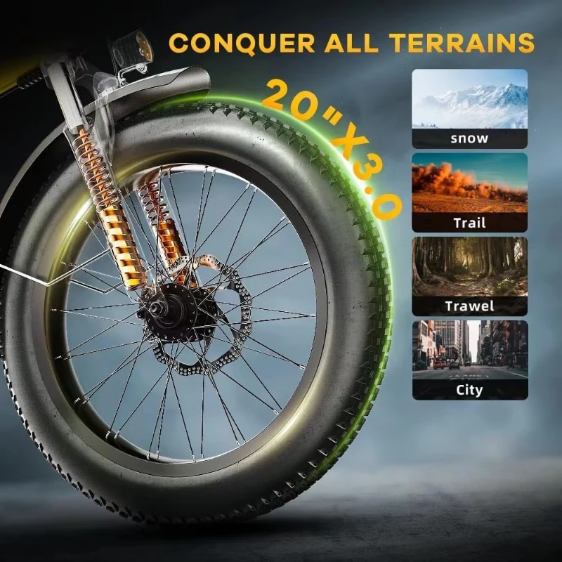 1000W Folding Electric Bike with 48V 20AH Removable Battery, 30+ MPH, 80 Mile Range, 20"" Fat Tire E-Bike for Adults