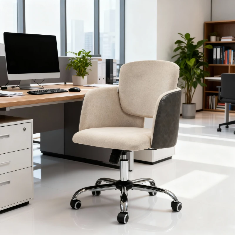 HOMCOM Small Desk Chair, Height Adjustable Fabric Office Chair with Swivel Wheels, Tilt Function, Computer Chair, Cream White