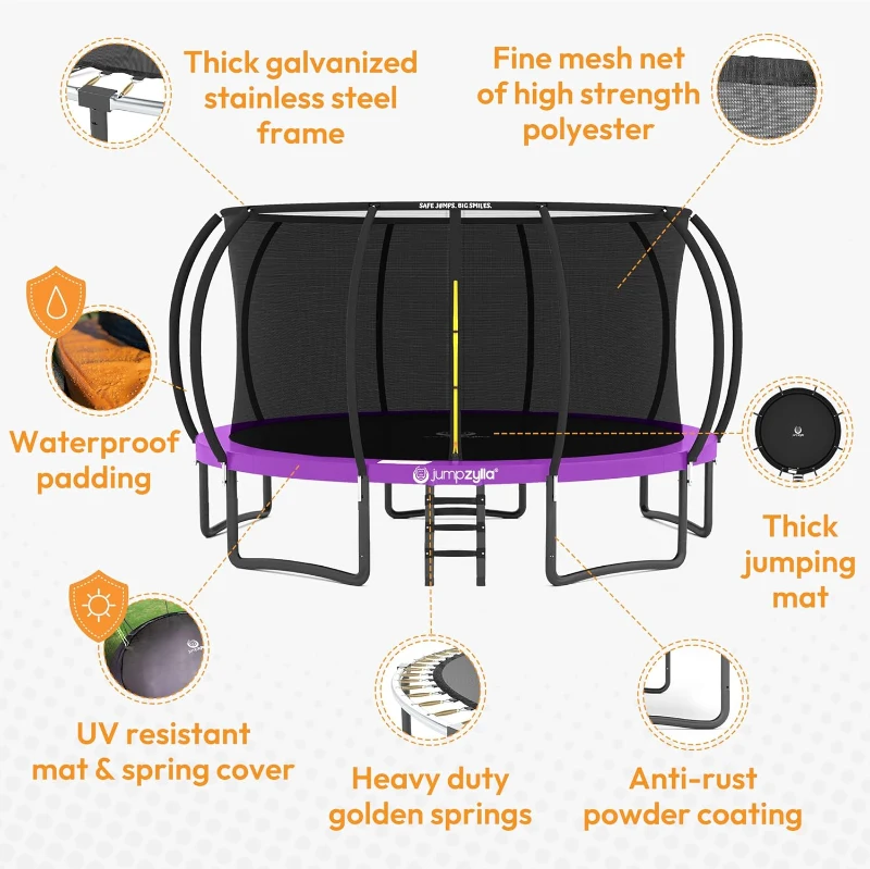 JUMPZYLLA Enclosed Trampoline with Ladder — 8FT to 16FT Sizes | ASTM Certified Recreation Trampoline | Anti-Rust Frame