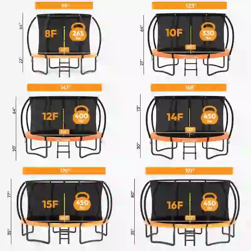 JUMPZYLLA Recreational Trampoline with Safety Net & Ladder, 8FT to 16FT, ASTM Approved, Rust-Resistant Frame