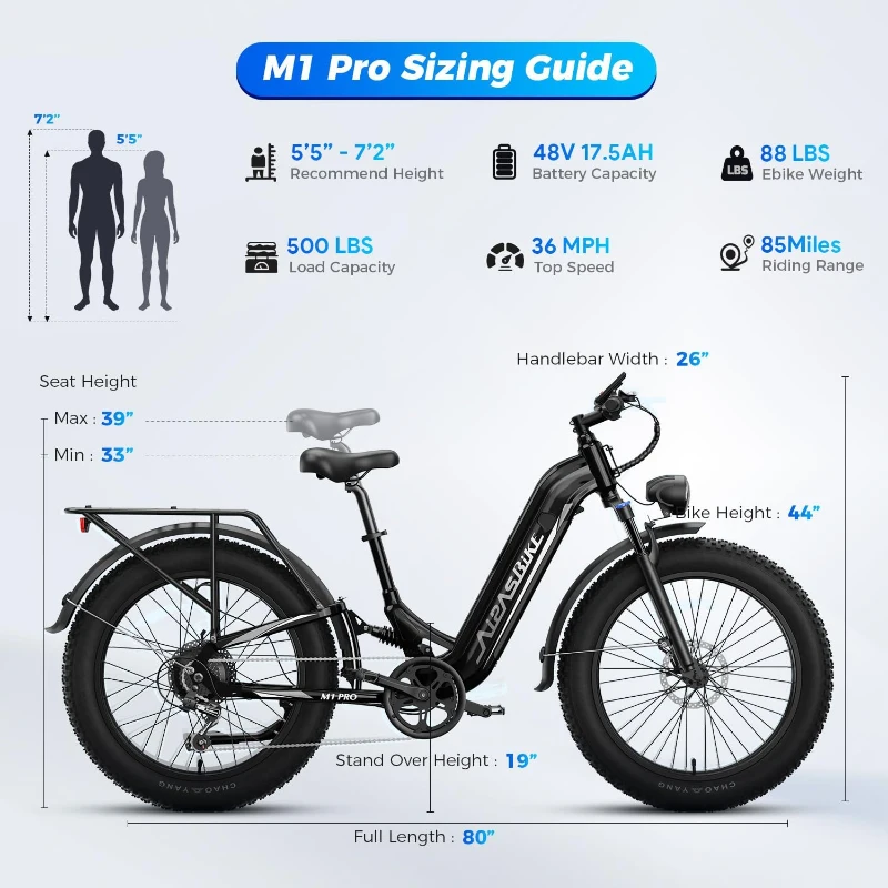 Aipas M1 Pro Step-Thru Ebike — 1800W Peak / 110Nm, 48V 17.5Ah Removable Battery, 26"" x 4.0"" Fat Tires, Dual Suspension, 36MPH Top Speed, 7-Speed