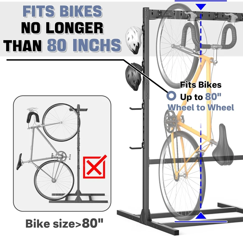 WALMANN Freestanding Garage Bike Stand — Heavy-Duty Floor Rack for 6–7 Bikes with Adjustable Hooks and Helmet Holders