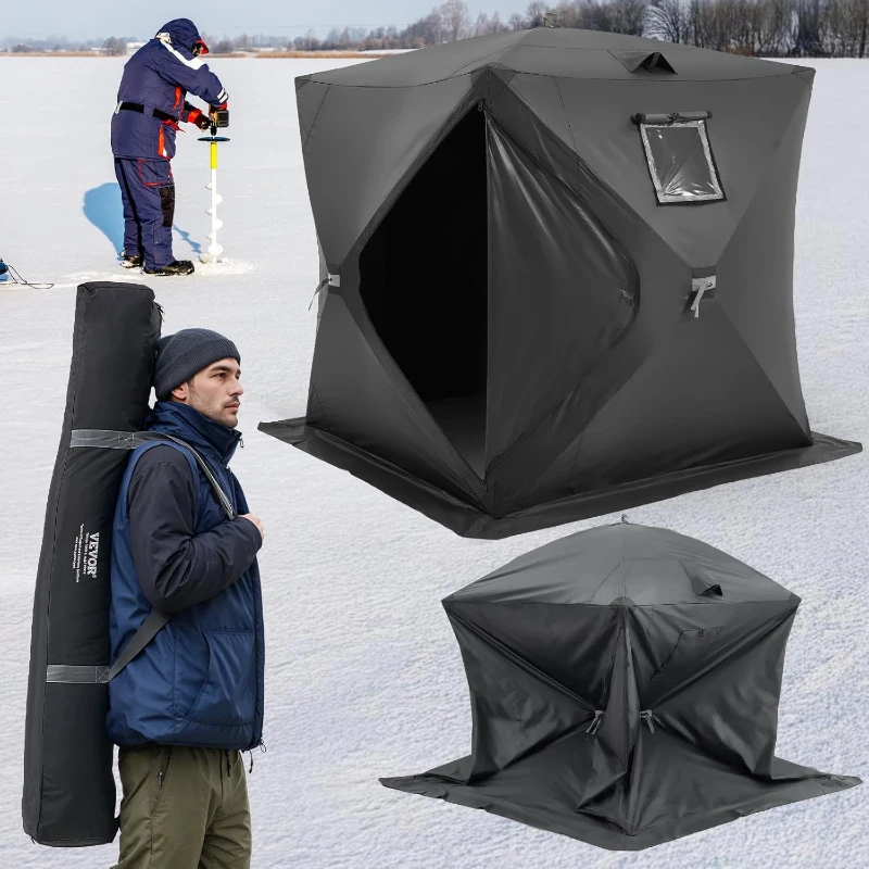 VEVOR Pop-Up Ice Fishing Shelter — Hub-Style Portable Tent, Insulated or Non-Insulated Options, Waterproof 300D Oxford Fabric, Includes Anchors, Ropes & Carry Bag (90 x 90 x 80 in)