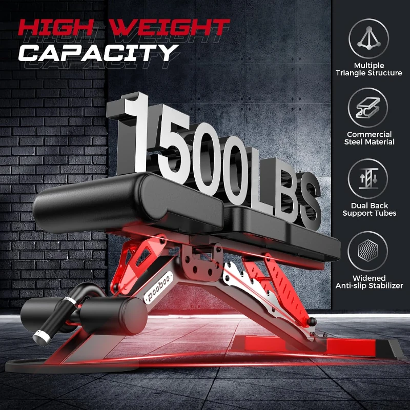 Pooboo Adjustable Weight Bench — Heavy-Duty Strength Training Bench, Flat/Incline/Decline, 1500 lb Capacity