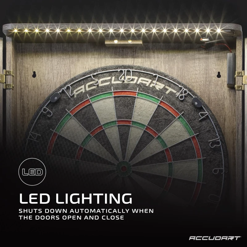Accudart Match Pro Official 18"" Self-Healing Sisal Dartboard Cabinet Set with LED Lighting
