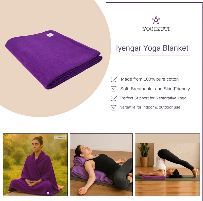 Yogikuti Iyengar Thick Handwoven Cotton Yoga Blanket Set of Two – Premium Support for Restorative Yoga, Meditation & Pranayama (Purple)