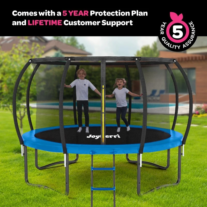 JoyBerri Outdoor Trampoline with Enclosure - ASTM Certified, Anti-Rust Frame, LED Lights, Sprinkler, Ladder (8–16 ft, Up to 450 lb)