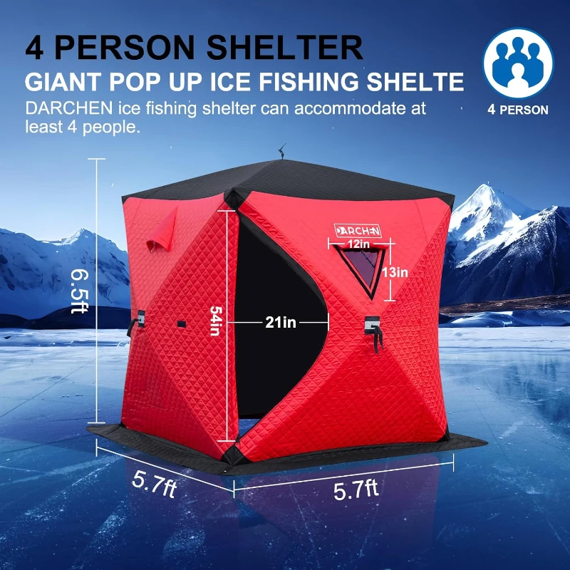 DARCHEN Insulated 3-Layer Pop-Up Ice Fishing Shanty for 3–4 People — Thermal Tent with Insulation Layer