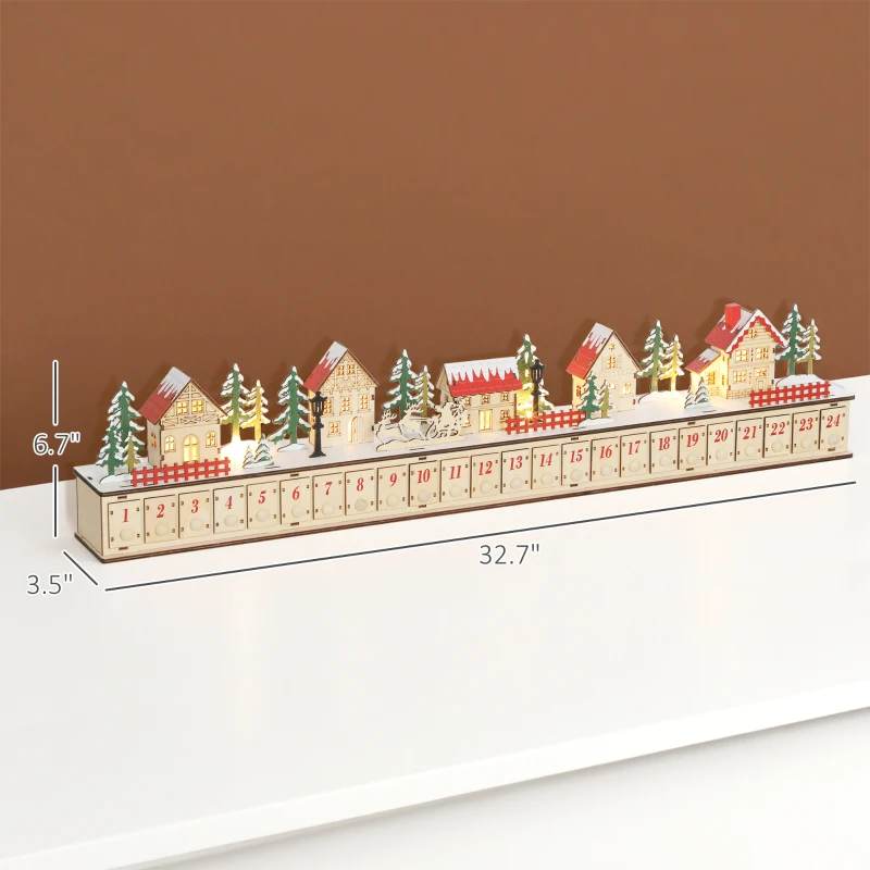 HOMCOM Christmas Advent Calendar with 24 Countdown Drawers and LED Lights, Wood-Effect Advent Calendar, Battery Operated