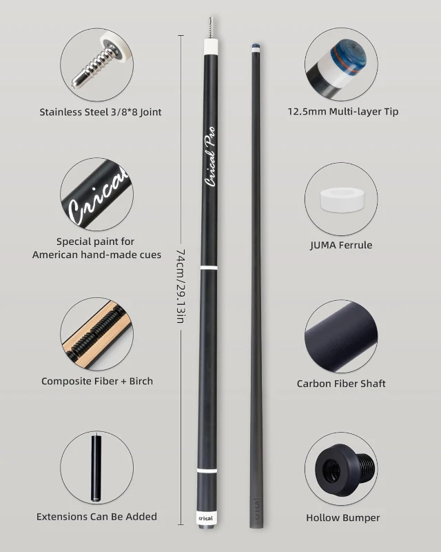 CRICAL 58-inch Carbon Fiber Pool Cue Set – CL-Pro1 Complete Kit with Matte Finish, 3/8×8 Joint and 12.5mm Tip