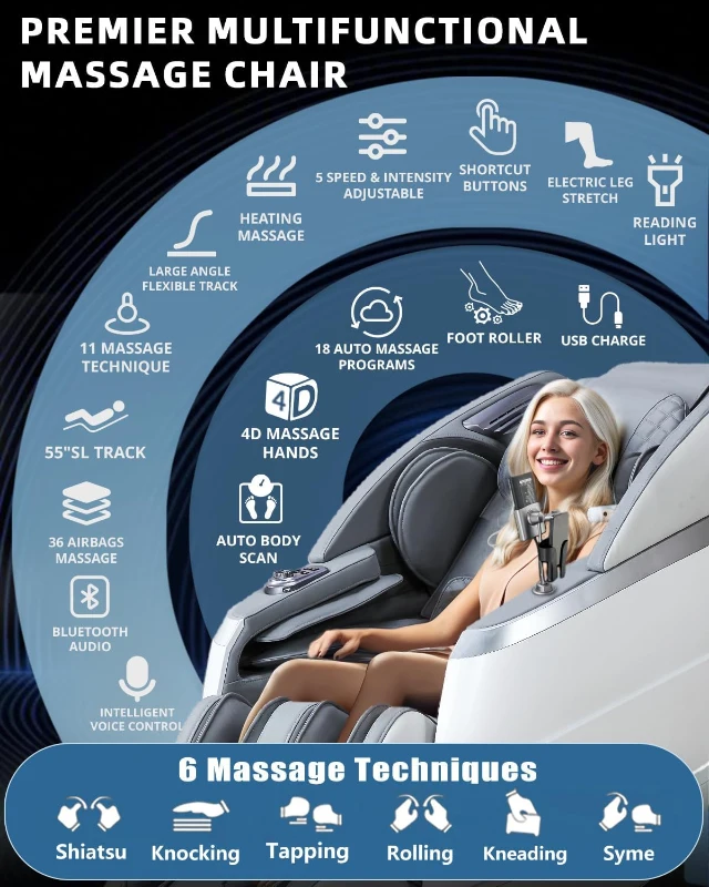 RelaxRelife 4D Full-Body Massage Chair with 166° Flexible SL Track, Reading Lamp, 18 Modes, 11 Techniques, 36 Airbags, Zero Gravity Recliner, Yoga Stretch & Foot Massage (Grey)
