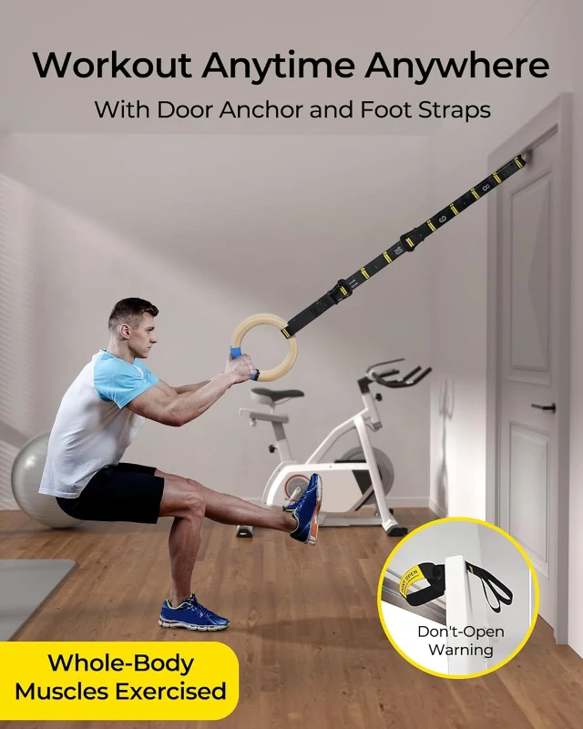 PACEARTH 32mm Wooden Gymnastics Rings 1500lbs with Screw-Lock Carabiners - 9ft Double-Layer Numbered Straps, Door Anchor & Foot Straps