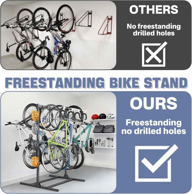 WALMANN Freestanding Garage Bike Stand — Heavy-Duty Floor Rack for 6–7 Bikes with Adjustable Hooks and Helmet Holders