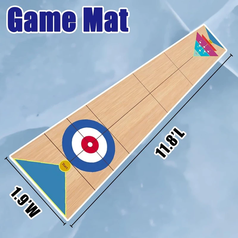 3-in-1 Shuffleboard, Curling & Bowling Board Game Set with 11.8 ft Mat, 2 Cues, 8 Rocks & 6 Pins - Family Fun
