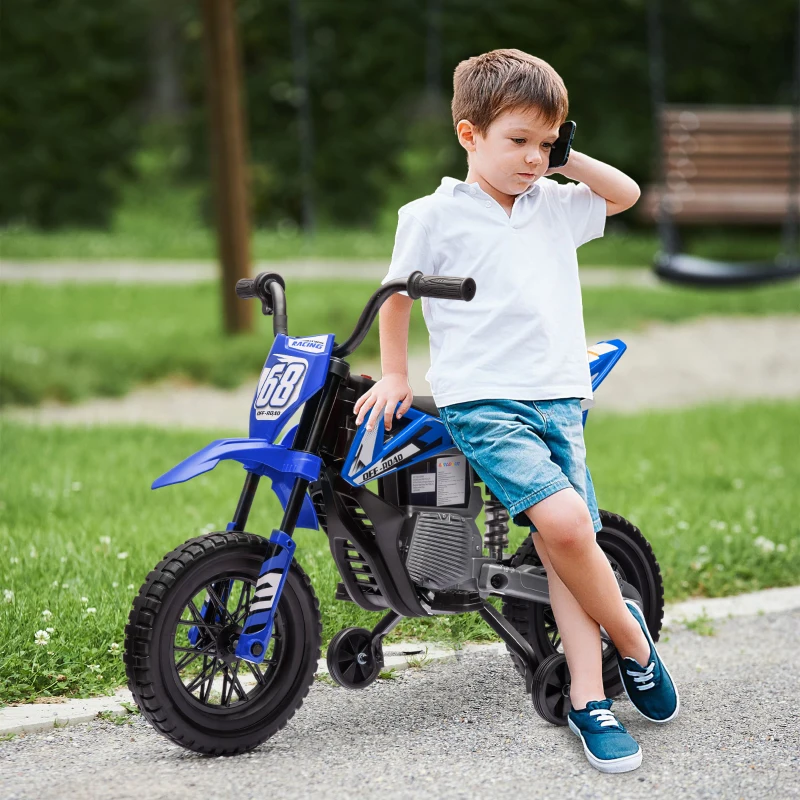 Qaba 12V Kids Dirt Bike, Electric Motorcycle with Twist Grip Throttle, Training Wheels, Rear Suspension & Music, Blue
