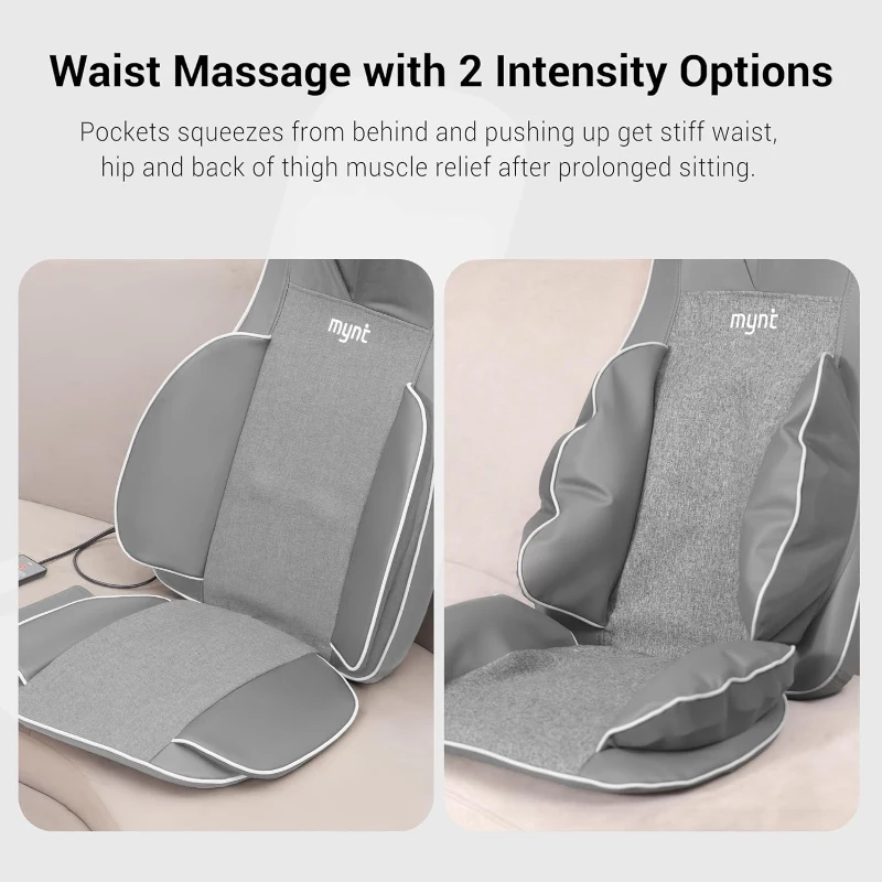 Mynt 2D & 3D Shiatsu Neck and Back Massager Pad — 10 Deep Kneading Nodes, Adjustable Height, Heat, Spot & Demo Modes — Portable Gray Chair Massage Cushion