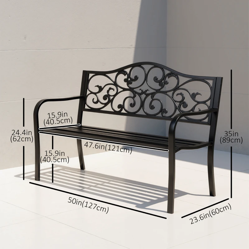 Outsunny Garden Bench Outdoor Loveseat with Vintage Floral Pattern Cast Metal, 50" x 23.6" x 35", Black