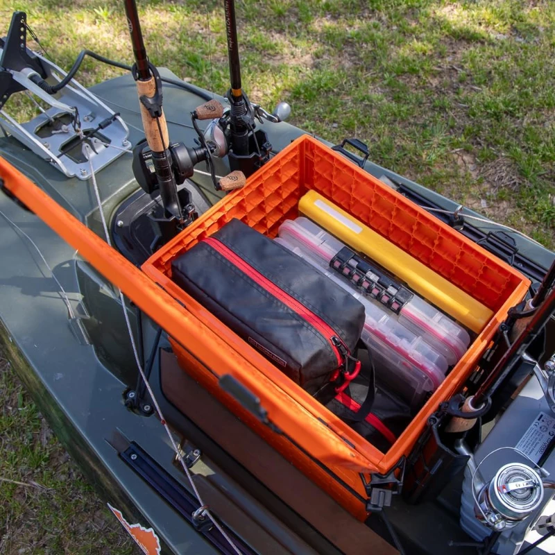 YakAttack BlackPak Pro 13in x 16in Kayak Fishing Crate – Orange, 4 TetherTube Rod Holders | Lightweight Durable Customizable (Made in USA)