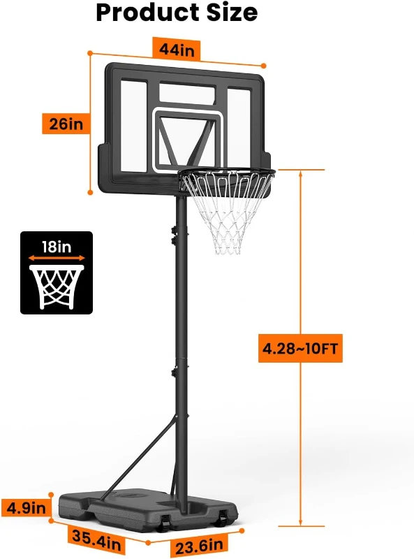 IGL Portable Basketball Hoop – 44"" PC Backboard, Height Adjustable 4.28–10 ft, Outdoor/Driveway Goal for Kids, Teens & Adults