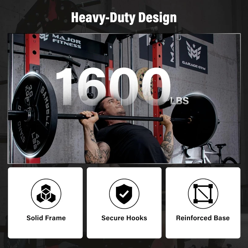 MAJOR FITNESS F22 Power Rack — 1600 lb All-in-One Squat Rack with Dual Pulley System