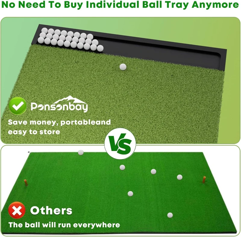 Ponsonbay Integrated Golf Practice Mat with Ball Tray, 5x4ft / 6x4ft / 6x5ft Options, Thick Turf (26–31mm), Includes 3 Tees and Multiple Tee Holders, Indoor/Outdoor