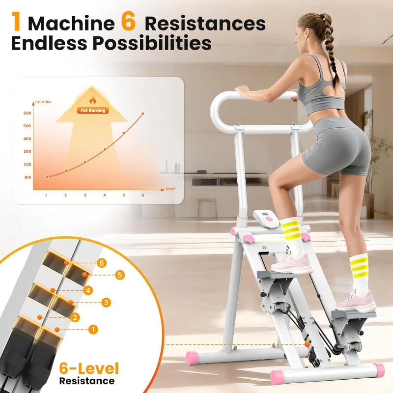 HXD-ERGO Foldable Stair Climber with Adjustable Handlebar, 6-Level Resistance Stair Stepper, Quiet Home Workout Machine