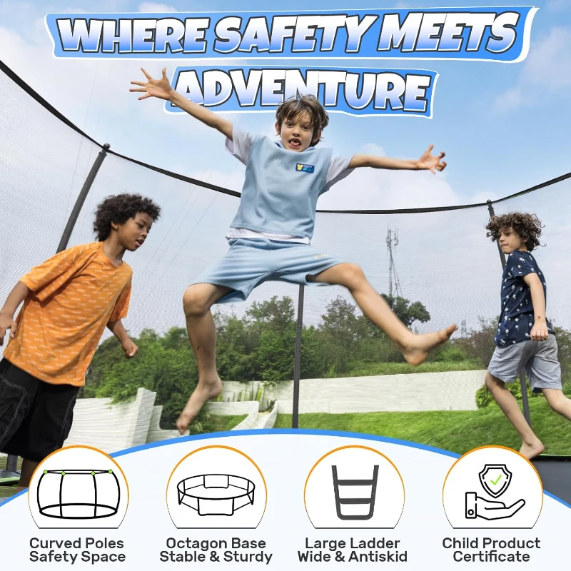 BCAN Recreational Trampoline with Safety Enclosure & Ladder — 8ft/10ft/12ft/14ft/15ft/16ft | ASTM F381-16 Certified | Outdoor Trampoline for Kids & Adults